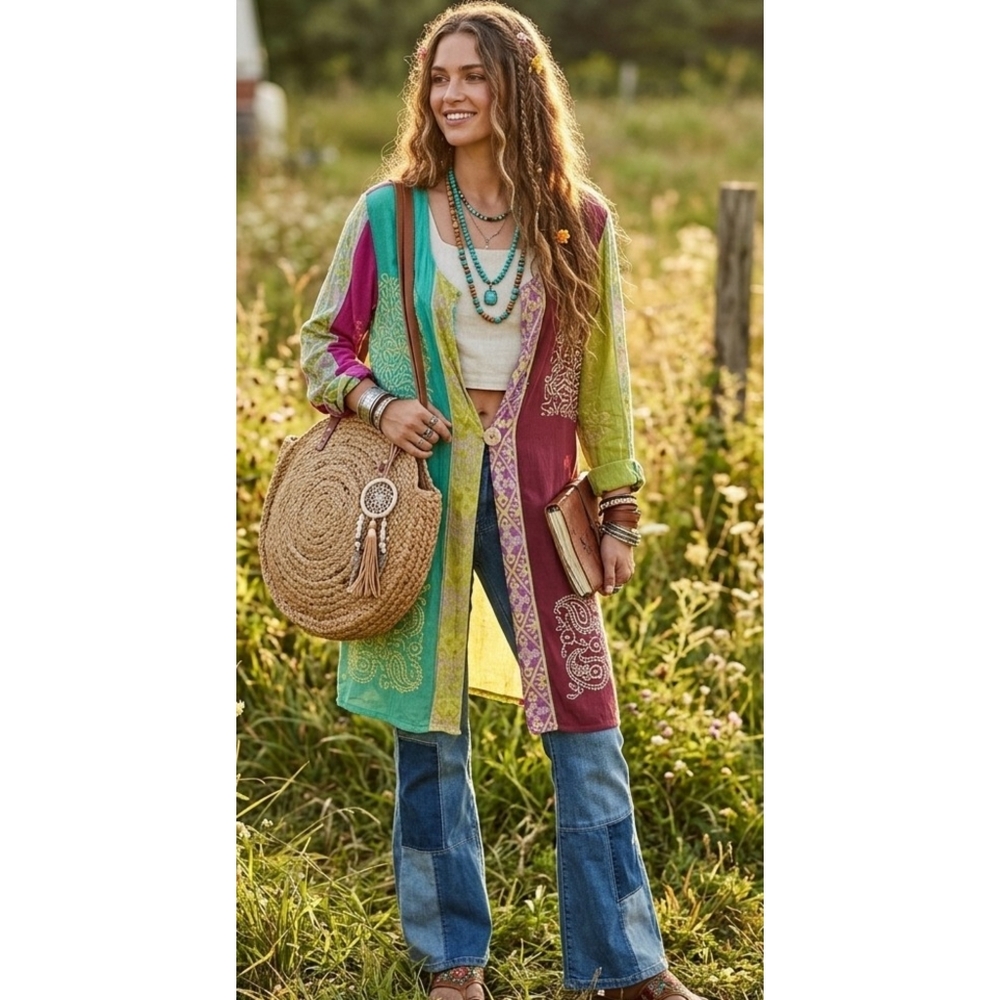 Soft Surroundings Paisley Breezy Batik  Kimono Green & Purple Size M
